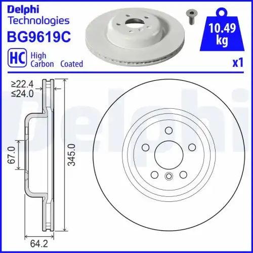 Тормозной диск DELPHI BG9619C вентилируемый , задняя ось