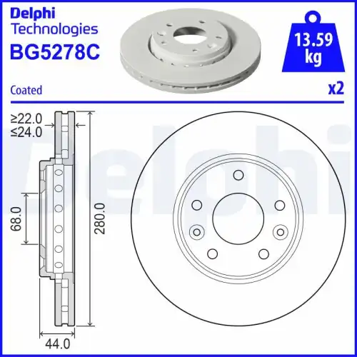 Тормозной диск DELPHI BG5278C вентилируемый , передняя ось