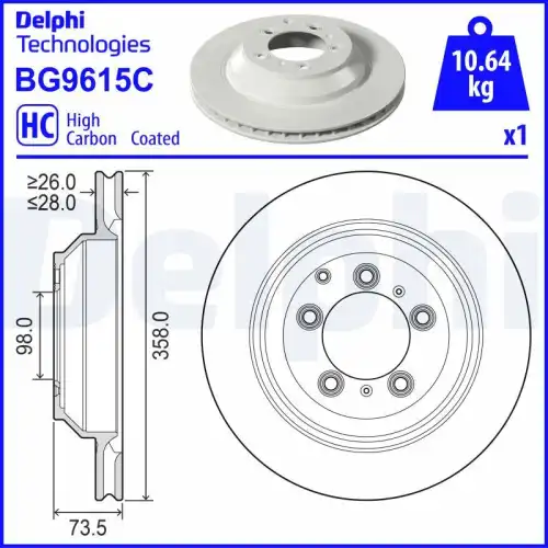 Тормозной диск DELPHI BG9615C вентилируемый , задняя ось