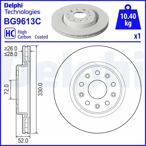 Тормозной диск DELPHI BG9613C вентилируемый , передняя ось