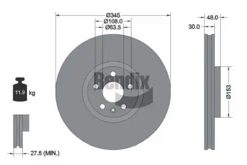 Тормозной диск BENDIX BDS1553HC вентилируемый , передняя ось