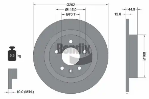 Тормозной диск BENDIX BDS1147 полный , задняя ось
