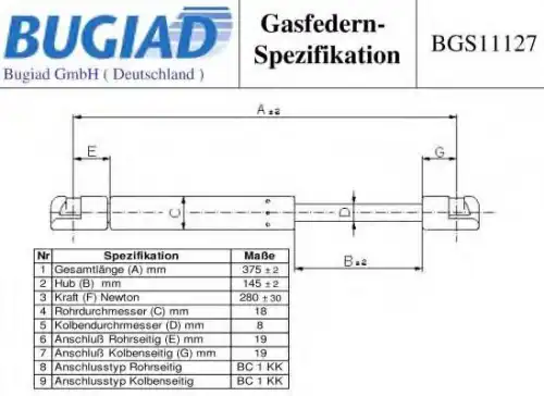 Амортизатор капота BUGIAD BGS11127