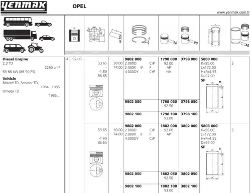 поршень! d92x2x2x4 +0.5\ Opel Omega 2.3D <94 1802 050 YENMAK
