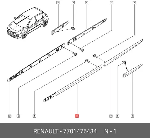 7701476434 Молдинг пер. лев. дв. clio3 RENAULT