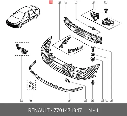 Бампер пер. 09.98-03.01 RENAULT LAGUNA (99-) 7701471347