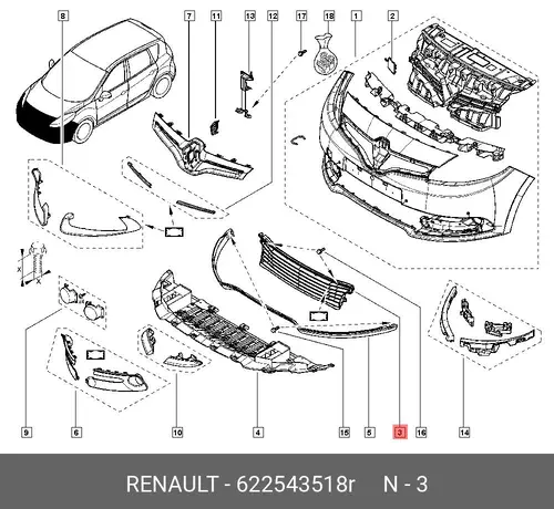 Решетка бампера RENAULT 622543518R