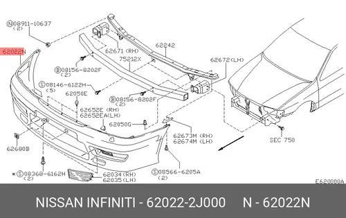 Nissan бампер P11E пер 620222J000