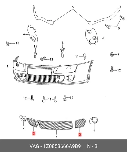 Решетка бампера VAG 1Z0853666A 9B9