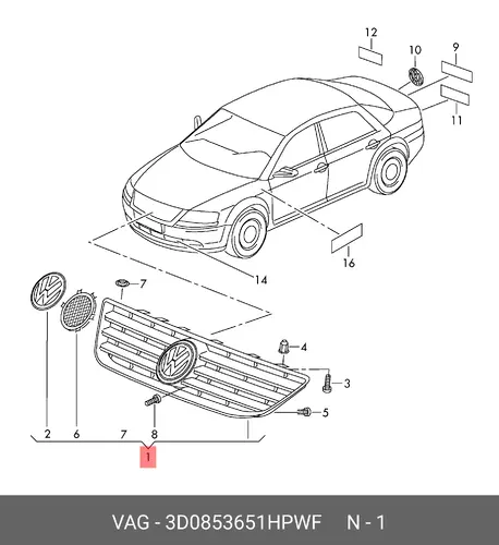 Решетка радиатора VAG 3D0853651H PWF