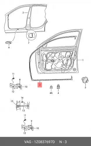 уплотнитель двери! передней левой\ Skoda Octavia 04> 1Z0837697D VAG