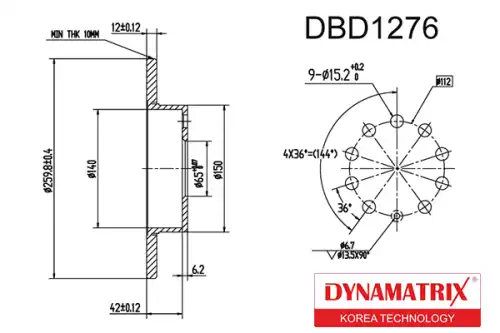Тормозной диск DYNAMAX DBD1276 полный , задняя ось