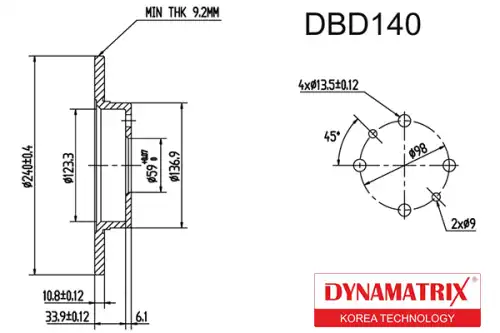 Тормозной диск DYNAMAX DBD140 полный , задняя ось