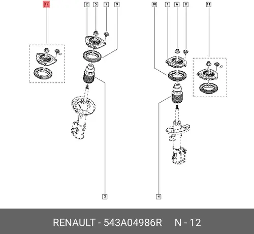 КОМПЛ ОПОРЫ АМОРТ ПЕР ПРАВ 6ШТ(МЕТ,ПЛАС) RENAULT (543A04986R)