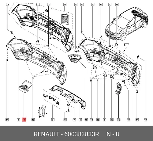  КОМПЛ ПИСТОНОВ БАМПЕРА ЗАДН 24ШТ(ПЛАС) 600383833R RENAULT