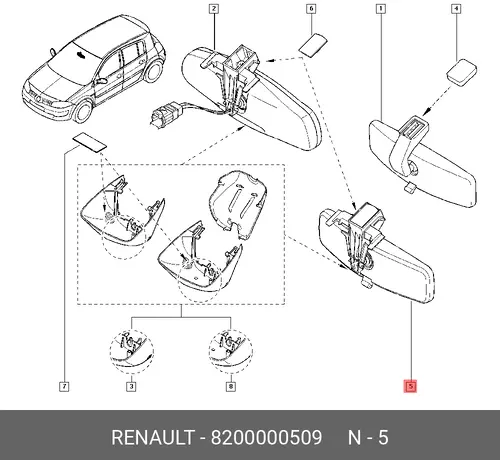 ЗЕРКАЛО ЗАД. ВИДА (В СБОРЕ, ВНУТР) 8200000509 RENAULT