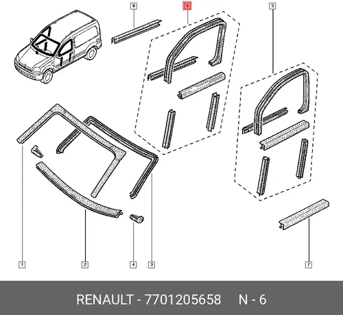 КОМП УПЛОТНИТЕЛЕЙ СТЕКЛА ДВЕРИ 5ШТ (РЕЗ) 7701205658 RENAULT