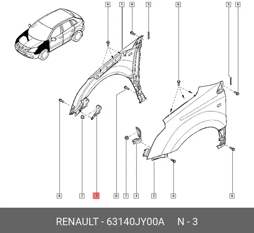 Крепление крыла перед. прав. RENAULT Kol 63140JY00A