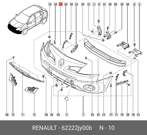 RENAULT, КРОНШТЕЙН ПЕРЕДНЕГО БАМПЕРА 62222JY00B