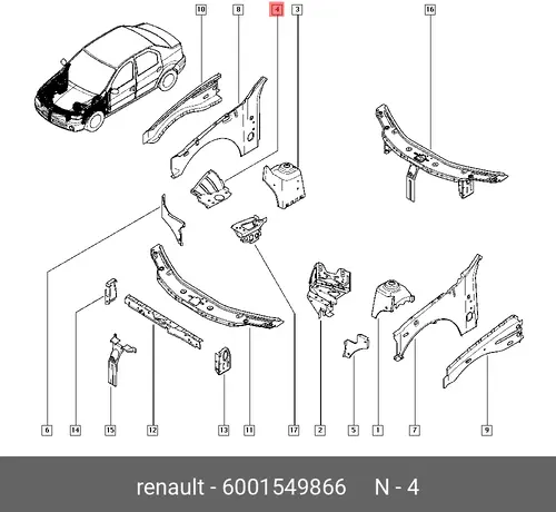  ПАНЕЛЬ АРКИ КОЛЕСА ПЕР.ПРАВЫЙ LOGAN 6001549866 RENAULT
