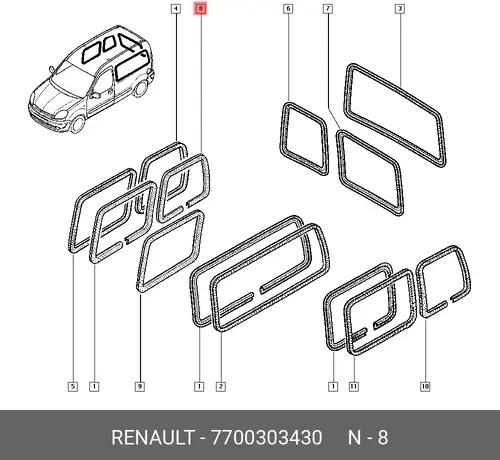 УПЛОТНИТЕЛЬ БОК СТЕКЛА (ПЛАС) 7700303430 RENAULT