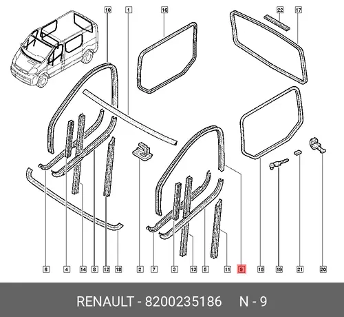 Уплотнитель стекла верхний лев. RENAULT 8200235186