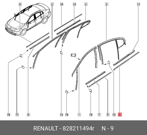 УПЛОТНИТЕЛЬ СТЕКЛА ДВЕРИ ЗАДН. ЛЕВ. (РЕЗ 828211494R RENAULT