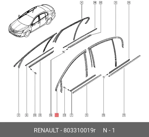 УПЛОТНИТЕЛЬ СТЕКЛА ДВЕРИ ПЕР ЛЕВ (РЕЗ) 803310019R RENAULT