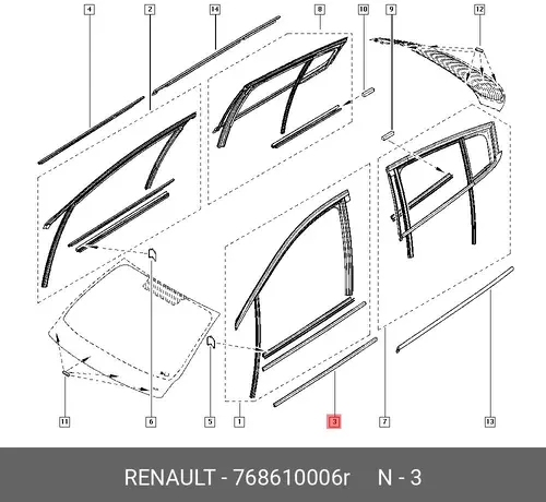 УПЛОТНИТЕЛЬ СТЕКЛА ДВЕРИ ПЕР. ЛЕВ. (РЕЗ) 768610006R RENAULT