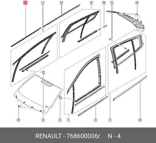 УПЛОТНИТЕЛЬ СТЕКЛА ДВЕРИ ПЕР. ПРАВ.(РЕЗ) 768600006R RENAULT