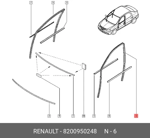 Уплотнитель стекла двери перед. лев. REN 8200950248 RENAULT