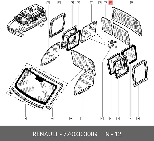 СТЕКЛО ДВ. ЗАДКА ЛЕВ. KANGOO 7700303089 RENAULT