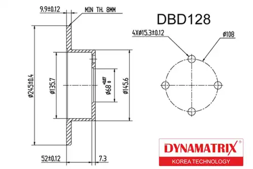 Тормозной диск DYNAMAX DBD128 полный , задняя ось