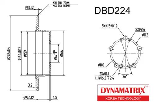 Тормозной диск DYNAMAX DBD224 полный , задняя ось