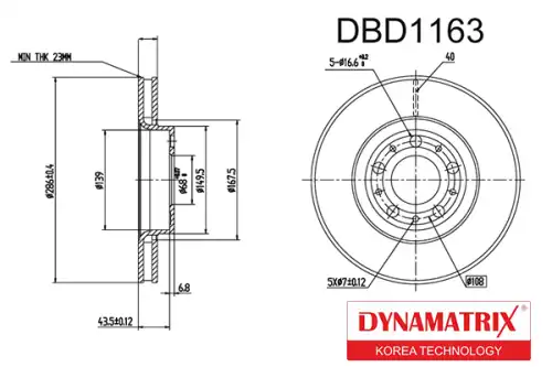 Тормозной диск DYNAMAX DBD1163 вентилируемый , передняя ось