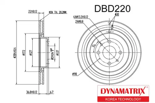 Тормозной диск DYNAMAX DBD220 вентилируемый , передняя ось