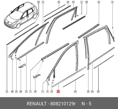УПЛОТНИТЕЛЬ СТЕКЛА ДВЕРИ ПЕР. ЛЕВ. (РЕЗ) 808210129R RENAULT